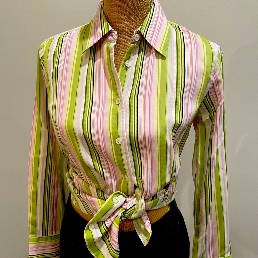 J.Crew Pink Green Striped M Fitted 100% Cot Blouse